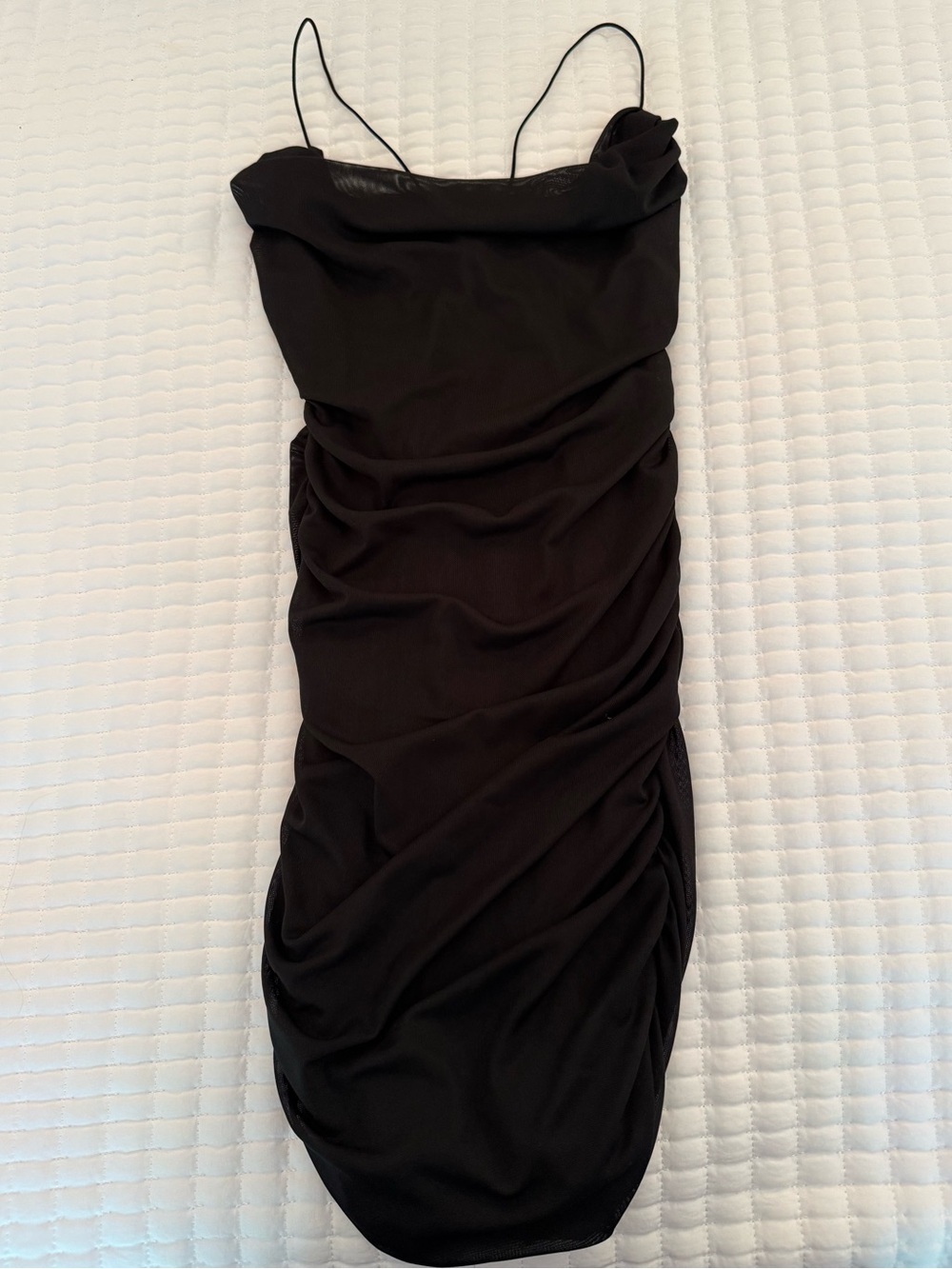 Garage Cowl Neck Black Ruched Slip Dress with Spaghetti Straps